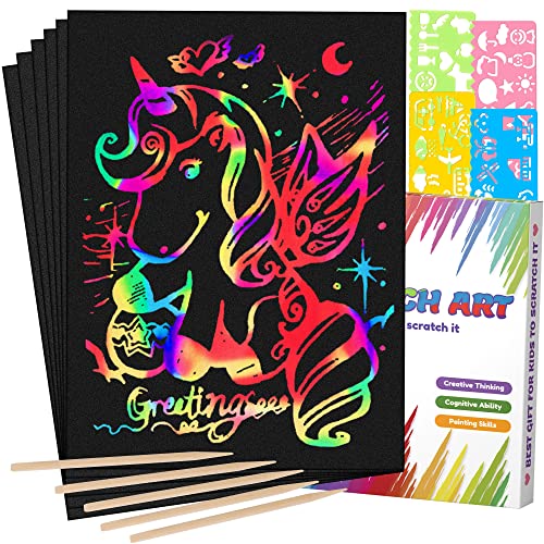Mocoosy 60 piezas de papel de rascar para niños - Rainbow Magic Scratch Off Paper Art and Craft Kit Scratch Note Black Doodle Pads con 4 plantillas 5 lápices de madera para fiestas niñas niños regalos