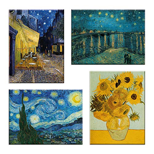 LuxHomeDecor Van Gogh Vincent - Cuadro de 4 piezas, 40 x 30 cm, impresión sobre lienzo, con marco de madera, arte decorativo