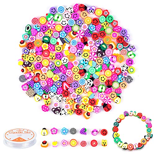 200 Pieza de Cuentas, Cuentas Arcilla Polimérica Mini Cuentas de Frutas, Letras, Carita Sonriente, con de soga para DIY Pulseras Collares Bisutería Regalo Cadena, 10 mm(A)