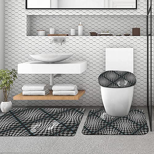 CONERY 3 Alfombrillas de baño Ultra Gruesas con Parte Inferior Antideslizante,op Art Gunmetal Negro Geométrico Retro cricketdiane,absorbentes y Juego de Alfombrillas de Pedestal