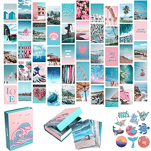 Kit de collage de pared estético azul, juego de 50 unidades de 10,16 x 15,24 cm, color rosa VSCO decoración de habitación para adolescentes, impresión artística de pared de verano playa, colección de