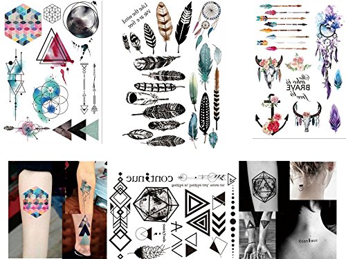 4 láminas de tatuajes temporales – Flash Tattoos Set2 – líneas geométricas/acuarelas/atrapasueños