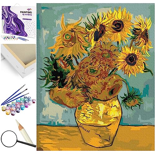 Artnapi Pintura por números, para adultos y niños, kit con marco, 40 x 50 cm (girasoles (Van Gogh), pintura al óleo sobre lienzo, regalo muy divertido y relajante, antiestrés, aprender a pintar