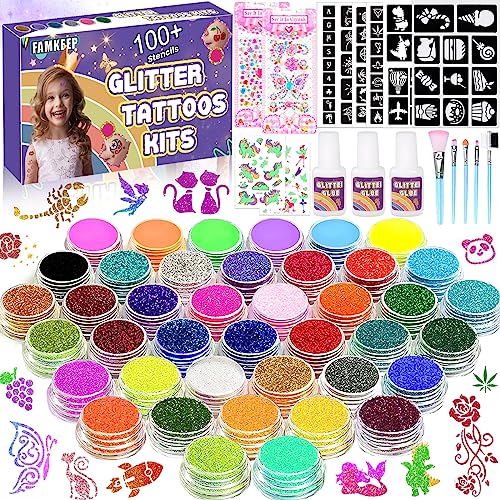 FAMKEEP Kit de Tatuajes Purpurina Temporales,Tatuajes Purpurina para Niñas,41 Colores Brillo con 148 Plantillas, 5 Pinceles, 3 Pegamentos,para Niñas Adultos Fiesta Regalos