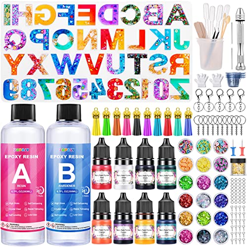 ZOPALY Resina Epoxi Manualidades Kit para Hacer llaveros, 192 Pcs, con Letras y Números Moldes de Silicona, Resina y el Endurecedor, Pigmentos, Pan de Oro, Lentejuelas