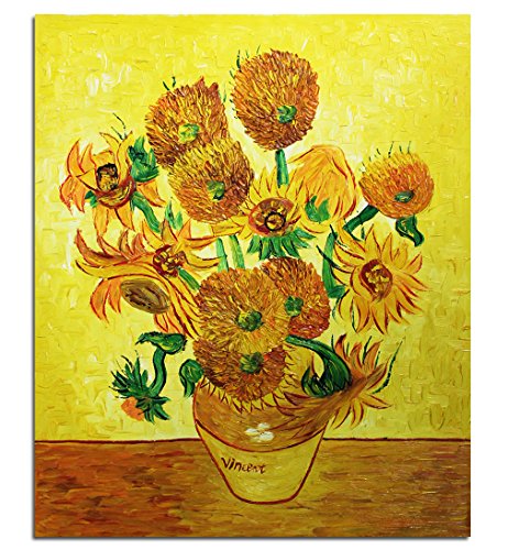 Fokenzary Pintura al óleo pintada a mano sobre lienzo, reproducción clásica de girasoles de Vincent Van Gogh, decoración de pared enmarcada (24 x 32 pulgadas)