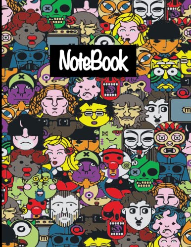 Face Notebook: Crazy design in doodle style with patches - College Ruled 120 Pages - Large 8.5 x 11