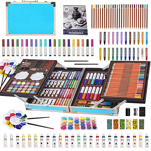 KINSPORY Maletin Pinturas para Niños, 139 Piezas Juegos de Dibujo, Pinturas para Niños, Acuarelas Niños, Lapices de Dibujo (Azul)
