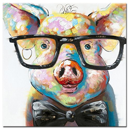 Fokenzary Pintado a mano Cute Pig with Glasses Pop Wall Art Canvas Painting Enmarcado Listo para colgar