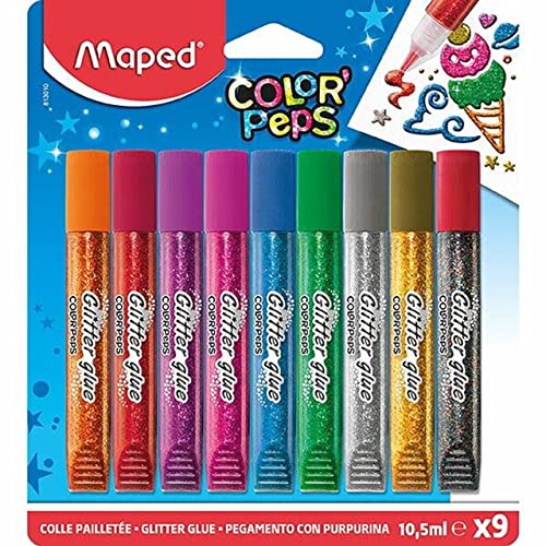 Maped - Purpurina Manualidades Niños - 9 Tubos de Pegamento con Purpurina - Ideal para Decorar Creaciones - Gran Precisión y Fluidez - Alta Densidad de Purpurina - Tubos de 10,5 ml