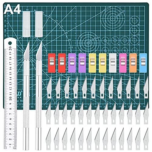 GOLDGE - Juego de cuchillos de precisión para manualidades creativas, 2 rotuladores escalpelo 42 hojas de corte regla de acero y 10 clips, para escultura, artes de bricolaje