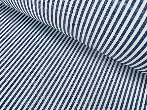 LushFabric Tela de lino a rayas de caramelo tela de algodón ligero, lindas líneas blancas decoración del hogar, confección de vestir, 150 cm de ancho (se vende por metros) (azul marino)