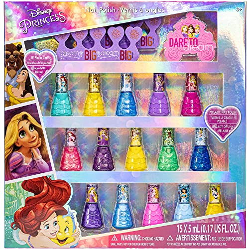 Townley Girl Princesas Disney Esmalte de Uñas de Secado Rápido, No Tóxico, Base de Agua, Natural y Seguro| Set de Regalo para Niñas| Colores Brillantes y Opacos| Edades 3+ (18 Piezas)