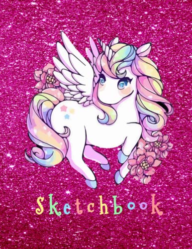 Sketchbook: Magic Unicorn On Pink Glitter Effect Background, Large Blank Sketchbook For Girls, 120 Pages, 8.5