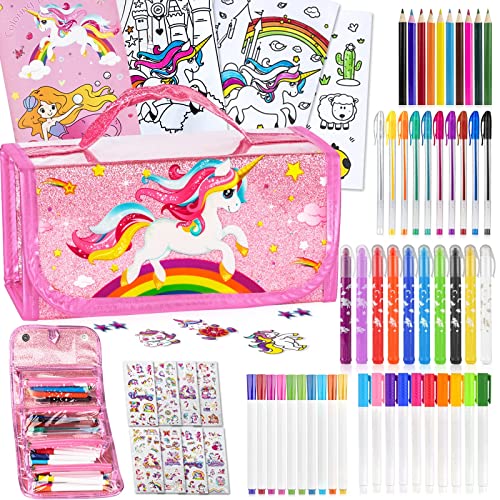 ARANEE Unicornio Papeleria Estuche Escolar Regalo para Niña 3-10 Años, 60pcs Aroma A Frutas Juguetes De Marcadores Bolígrafos de Colores Crayones para Niños Unicornio Cuaderno Bonitos Pegatina