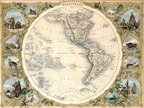 Imagen en lienzo enrollado Mapa del hemisferio occidental, 1850 Tallis John - Mapas horizontales Arte impreso mapas planispheres mapa del mundo Tierra Lienzo bellas artes 24_X_33_in