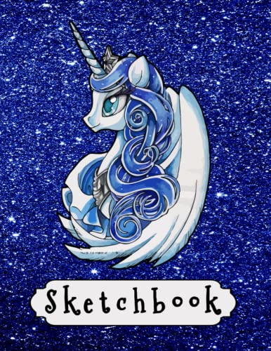 Sketch Book: Cute Unicorn On Blue Glitter Effect Background, Large Blank Sketchbook For Girls, For Drawing, Sketching & Crayon Coloring (Kids Drawing Books)