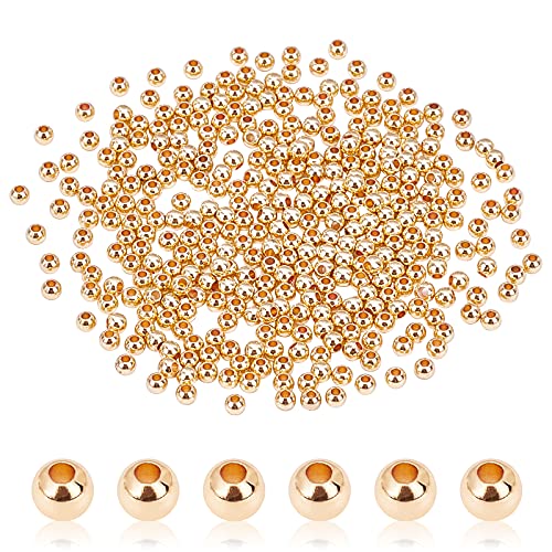 Pandahall 300 Cuentas Redondas Lisas de 3 mm Chapadas en Oro de 14 Quilates Pequeñas Cuentas Espaciadoras Plateadas Cuentas sin Costuras para Pulseras Collares Joyas Manualidades