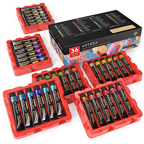 ARTEZA Pintura Gouache Metálica, juego de 36 colores, tubos de 12 ml, pinturas metalizadas, ideales para pintar en lienzo, papel de acuarela y papel de tonos, para usar con acuarelas y medios mixtos