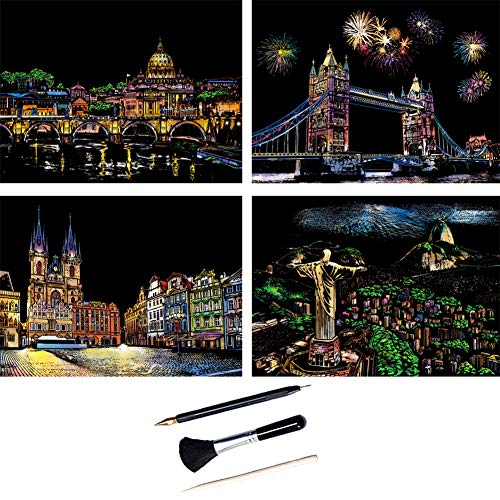 ShipeeKin 4 imágenes para rascar, 290 x 210 mm, papel de rascar multicolor con juego de herramientas (Beauty City)
