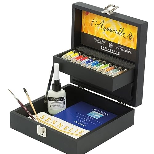Sennelier French Artist Watercolor Set Featured in an Elegant Black Wooden Box, 11 Aquarelle Watercolor 10ml Tubes with 2 Brushes, 1 Small Watercolor Pad, Sennelier Cloth and Drawi