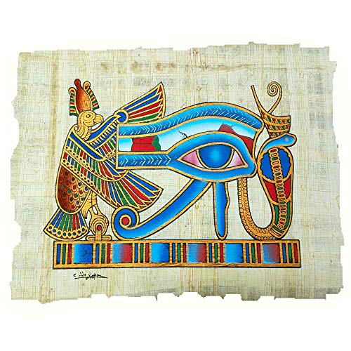 Ojo de Horus Amuleto Protector sobre papiro Egipcio Original Hecho y Pintado a Mano en Egipto. 33 x 43 cm