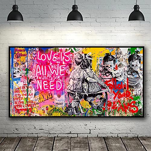 Love Is All We Need -Pinturas en Lienzo Xxxl Banksy Graffiti Street Art Negro Enmarcado Impresión Extra Grande Tamaño Arte de Pared 31x67inch/80x170cm Con Marco Negro
