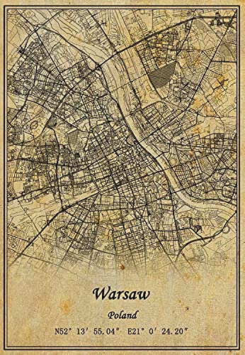 Póster de la pared del mapa de Varsovia de Polonia, impresión en lienzo, estilo vintage, sin marco, decoración de regalo 30,5 x 40,6 cm