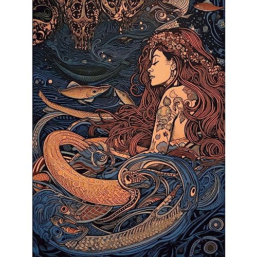 Little Mermaid and Aquatic Animals Illustration Large XL Wall Art Canvas Print