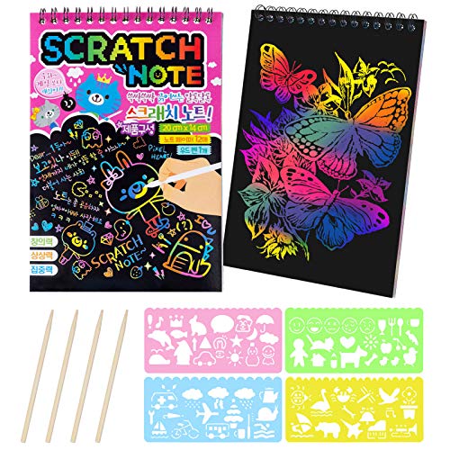 2 Piezas Scratch Art Paper Notebook, Kit de Manualidades de Papel de Arte de Rascar para Niños Adultos con Regla de Dibujo y Plumas de Madera