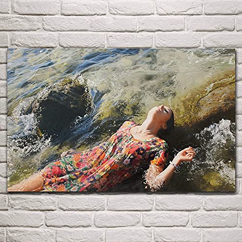 Una mujer hermosa en el agua hiperrealismo obra de arte sala de estar decoración del hogar arte de la pared impresión de tela póster 60x120cm sin marco