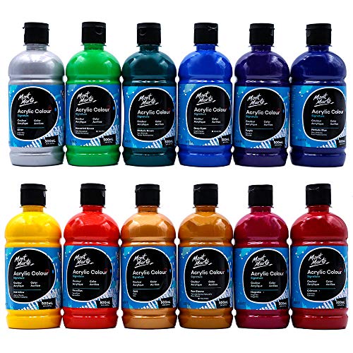 Mont Marte Signature,Juego de pintura acrílica de color, 12x16.5 onzas (500 ml), acabado semimate, 12 colores vibrantes, adecuado para lienzo, madera, tela, cuero, cartón, papel, MDF y manualidades