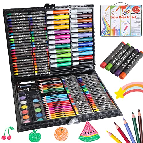 JOLIGAEA Maletin Pinturas para Niños, 168 Piezas Set de Pintura Niños, Caja de Aluminio Deluxe y kit de Dibujo, Juegos de Dibujo - Lápices de Colores, Pasteles, Pasteles al óleo, Pastel de Acuarela