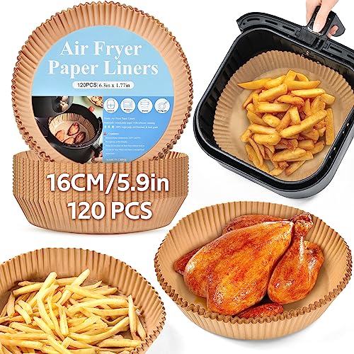 OTraki Papel Freidora Aire Desechable 120 Pcs 16cm Air Fryer Paper Liners Grado de Comida Antigrasa Papel Horno Freidora Aire Redondo para Air Fryer, Horno y Microondas Sartén Color Madera