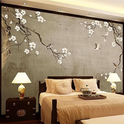 Yuekuomao Papel Pintado Papel Tapiz Vintage 3D Pintado A Mano Estilo Chino Flor De Ciruelo Flor Pájaro Foto Mural De Pared Sala De Estar TV Sofá Telón De Fondo Papel Tapiz 200x140 cm