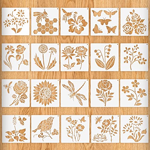 20 plantillas de flores silvestres, plantillas para pintar sobre plantas de campo, abejas, pájaros, hojas, mariposas, plantillas de dibujo para pared, lienzo, diario, álbumes de recortes