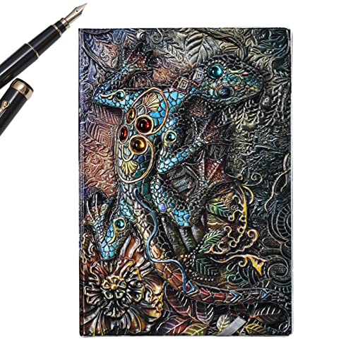 Cuaderno de cuero repujado - Cuaderno de bocetos de lagarto diario de viaje hecho a mano - Cuaderno de escritura de diseño vintage en relieve 3D con forro de tapa dura para regalos