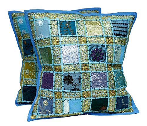 PUSHPACRAFTS Juego de 2 indio Vintage Decoración del hogar Algodón Cuadrado Turquesa Azul Claro Funda de cojín con Bordado y Patchwork 41 X 41 Cm