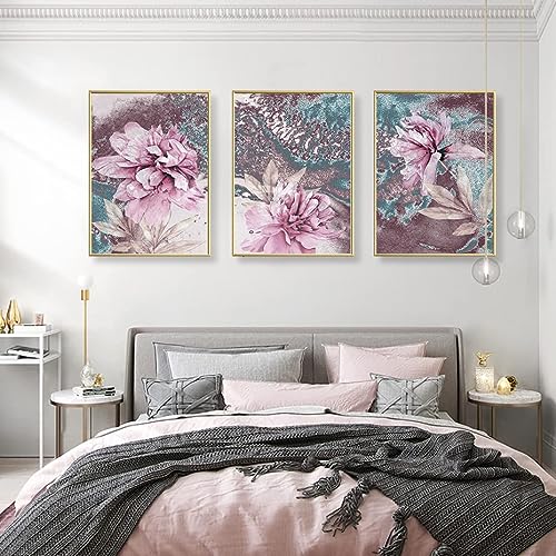 Peonías abstractas Pink Flora Canvas Painting Interior Poster and Print Wall Art Pictures Dormitorio Decoración casera moderna D-3PCS 40x50cm sin marco